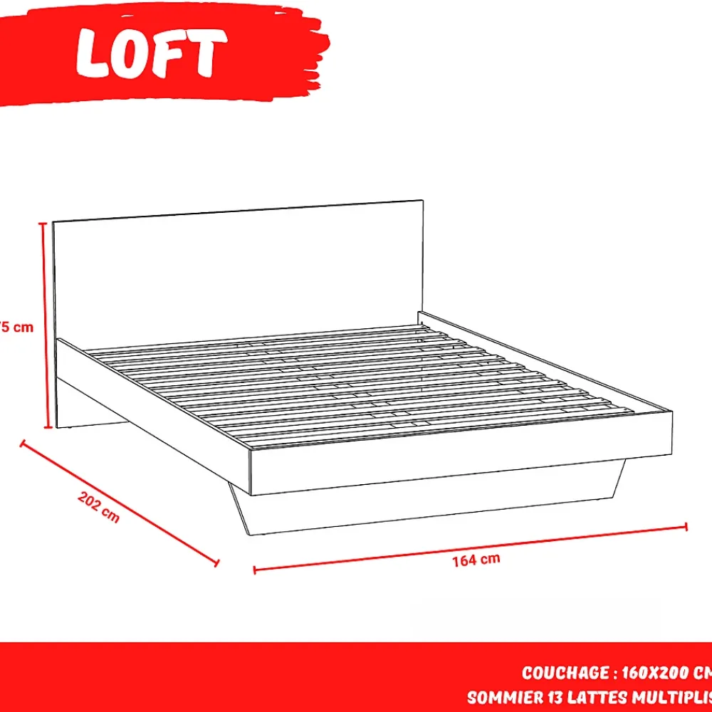 Weber Industries Lit LOFT 160x200 + 1 sommier + tête de lit / Décor Noir & chêne blanchi* Lit Double