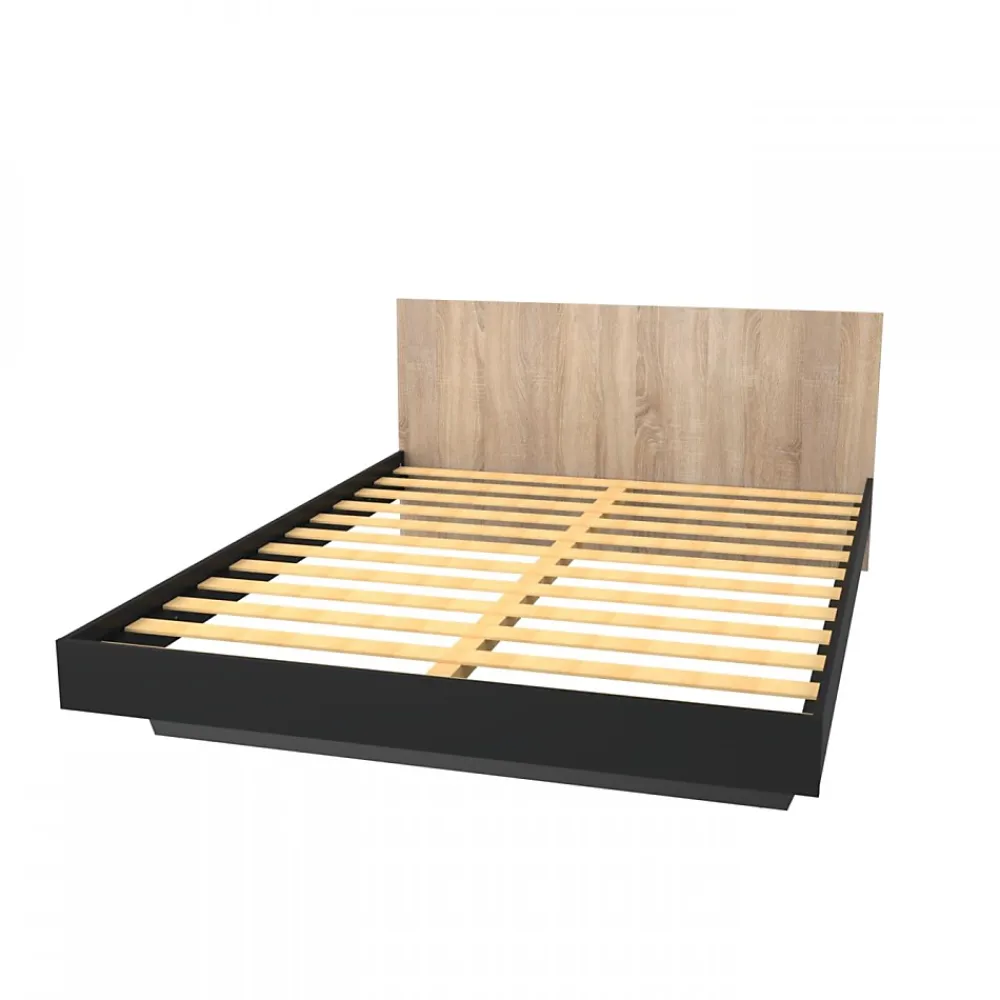 Weber Industries Lit LOFT 160x200 + 1 sommier + tête de lit / Décor Noir & chêne blanchi* Lit Double