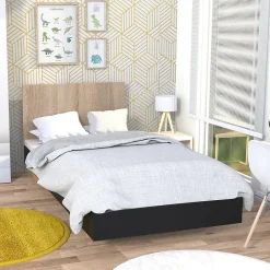 Lit LOFT 90x190 cm + sommier / Décor Noir & chêne blanchi><noscript><img width=