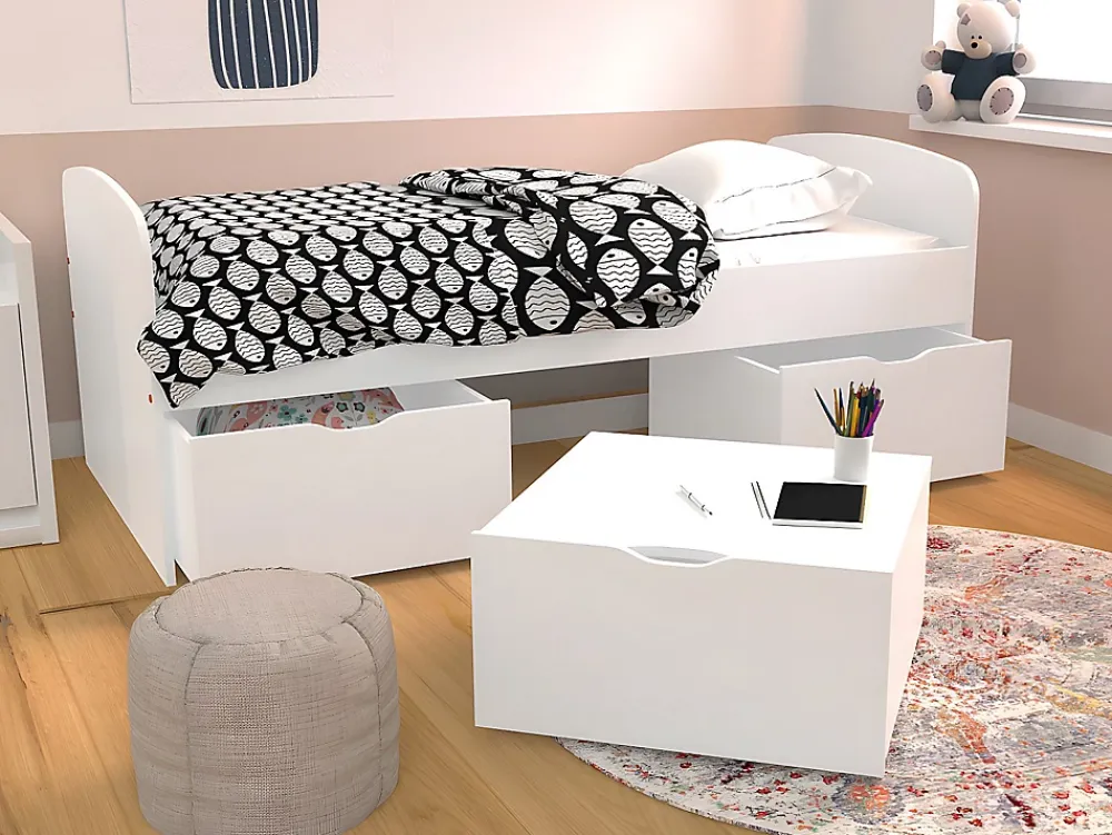 Vente-unique Lit LOUANE avec 2 tiroirs et 1 coffre de rangement - 90 x 190 cm - Blanc* Lit Avec Rangement