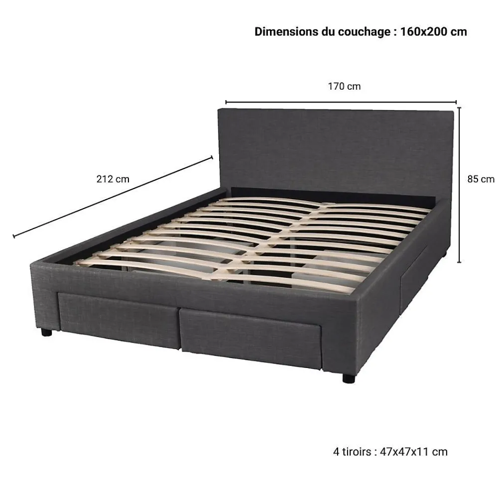 Lit LUGANO 160x200 + 1 sommier + 4 tiroirs / Gris foncé>Weber Industries Online