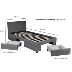 Weber Industries Lit LUGANO 90x190 + 1 sommier + 2 tiroirs / Gris foncé* Lit Simple