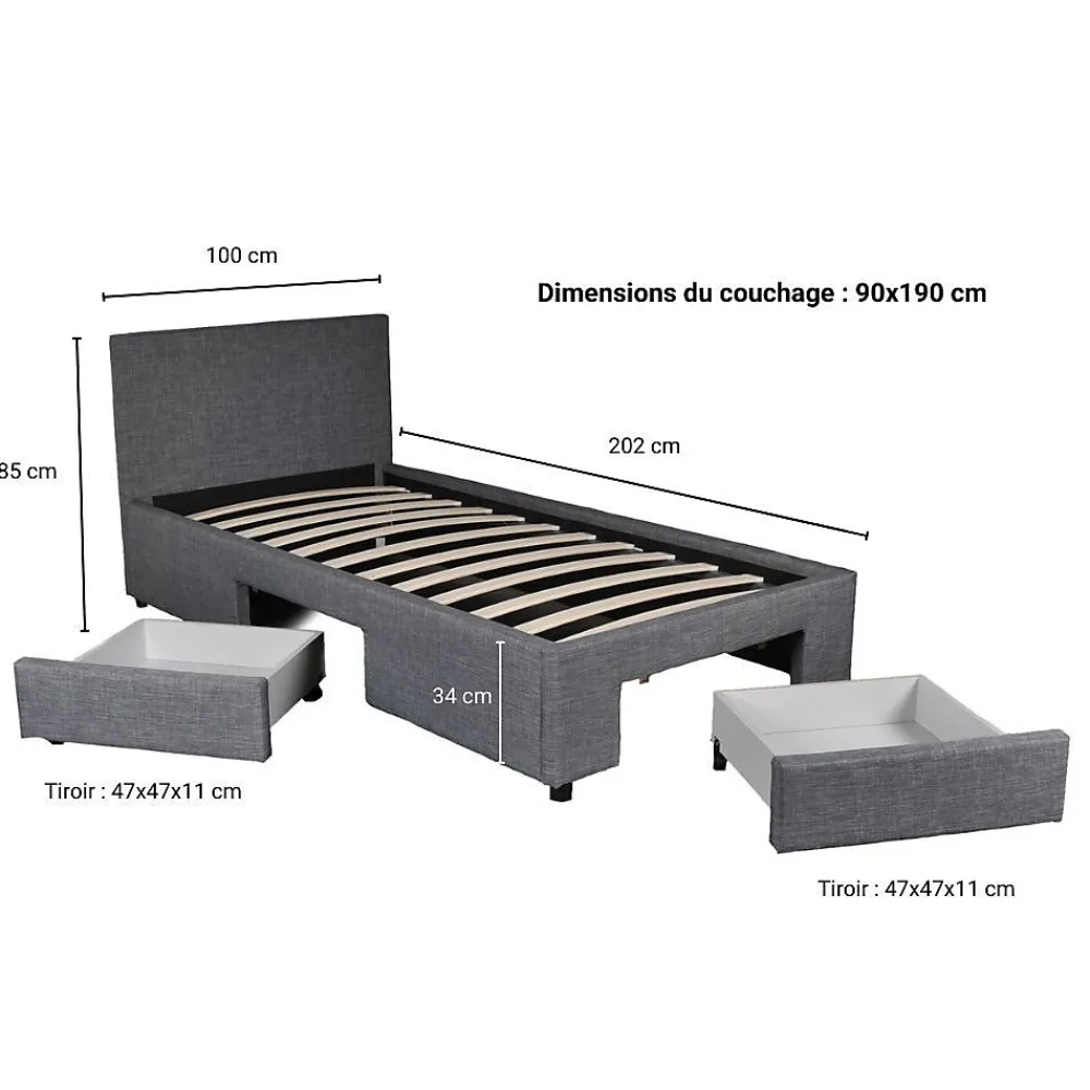Weber Industries Lit LUGANO 90x190 + 1 sommier + 2 tiroirs / Gris foncé* Lit Simple