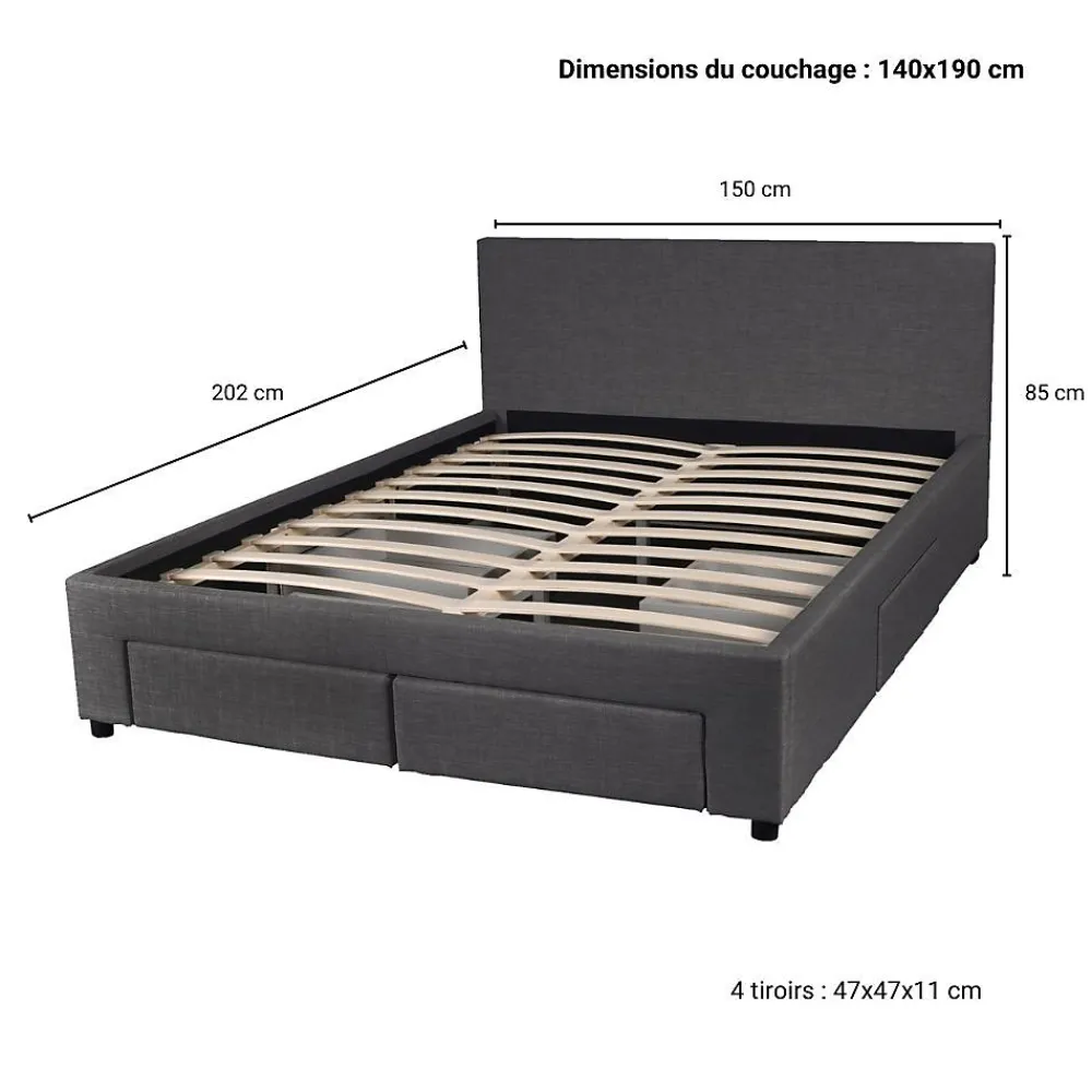 Lit LUGANO 140x190 + 1 sommier + 4 tiroirs / Gris foncé>Weber Industries New