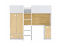 Vente-unique Lit mezzanine 90 x 190 cm avec armoire et bureau - Blanc et naturel - CINAMO* Lit Mezzanine