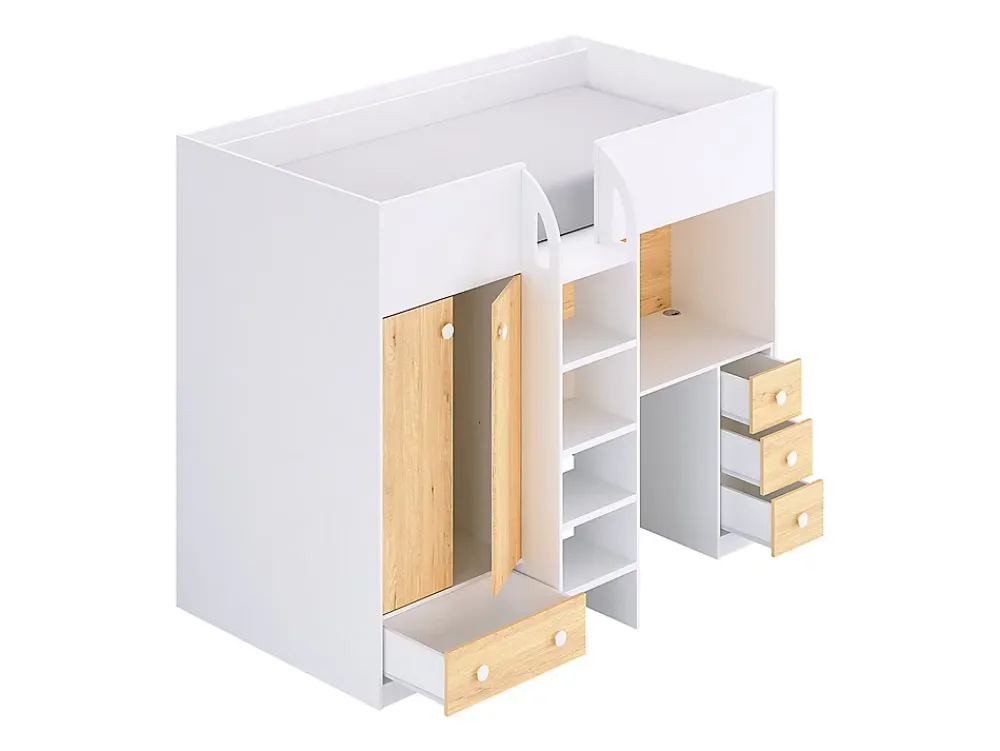 Vente-unique Lit mezzanine 90 x 190 cm avec armoire et bureau - Blanc et naturel - CINAMO* Lit Mezzanine