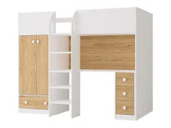 Vente-unique Lit mezzanine 90 x 190 cm avec armoire et bureau - Blanc et naturel - CINAMO* Lit Mezzanine
