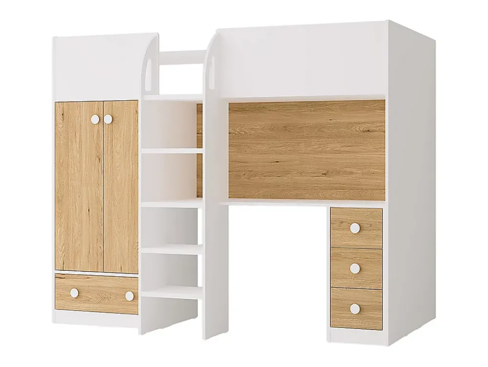 Vente-unique Lit mezzanine 90 x 190 cm avec armoire et bureau - Blanc et naturel - CINAMO* Lit Mezzanine