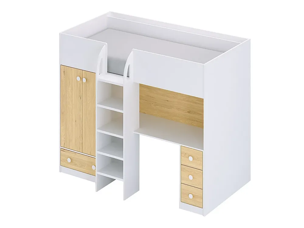 Vente-unique Lit mezzanine 90 x 190 cm avec armoire et bureau - Blanc et naturel - CINAMO* Lit Mezzanine