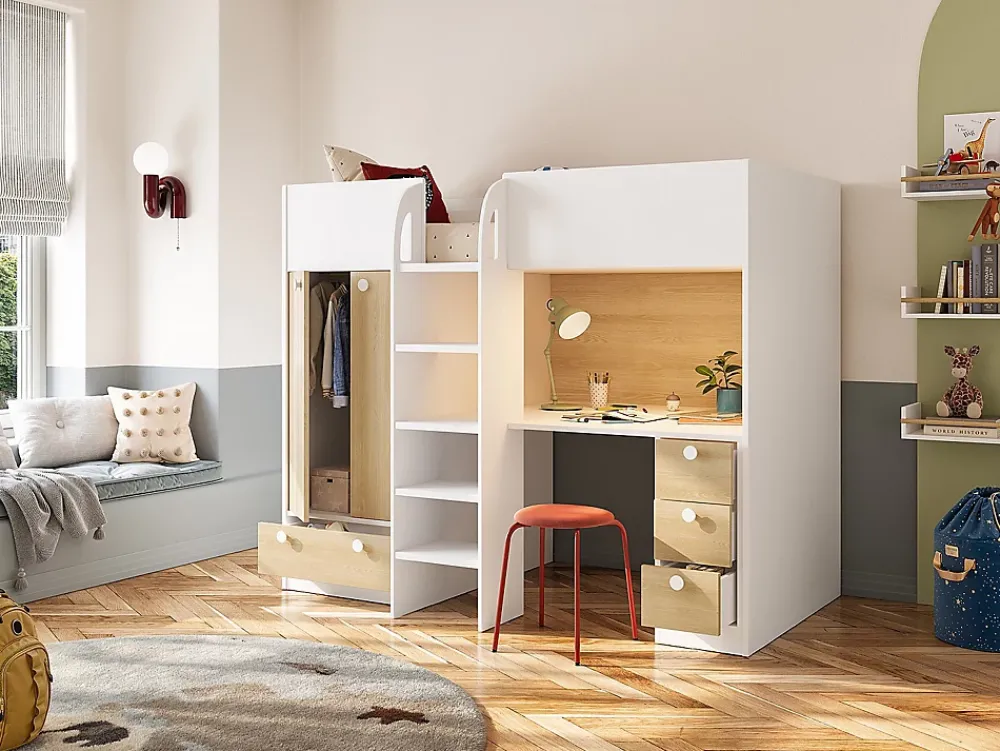 Vente-unique Lit mezzanine 90 x 190 cm avec armoire et bureau - Blanc et naturel - CINAMO* Lit Mezzanine
