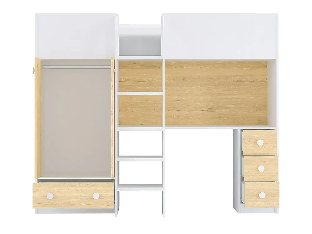 Vente-unique Lit mezzanine 90 x 190 cm avec armoire et bureau - Blanc et naturel - CINAMO* Lit Mezzanine