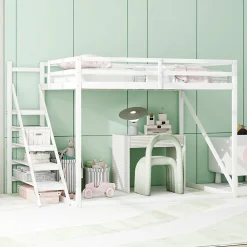 Lit Mezzanine - Lit enfant 140x200 cm avec Escalier Sécurisé, Structure Robuste MDF et Bois de Pin, Couleur Blanc>Okwish Outlet