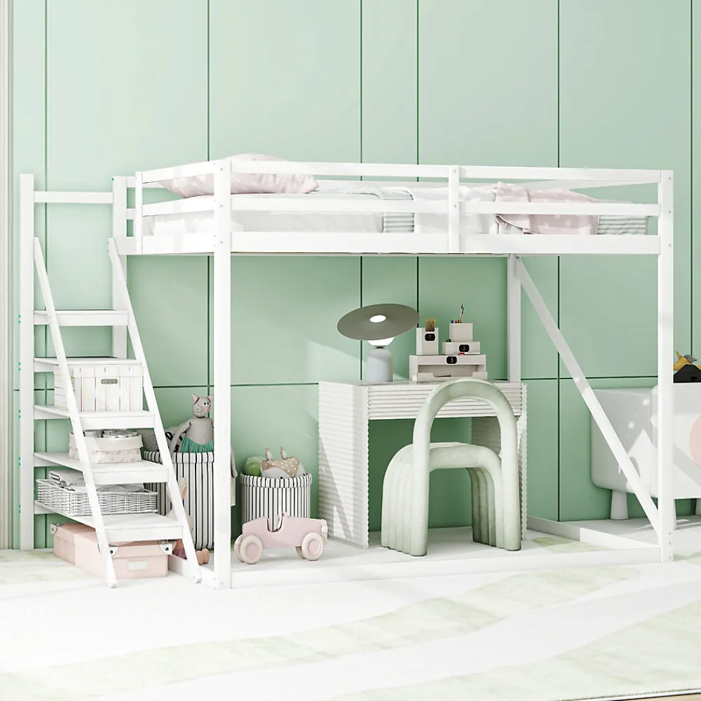 Lit Mezzanine - Lit enfant 140x200 cm avec Escalier Sécurisé, Structure Robuste MDF et Bois de Pin, Couleur Blanc>Okwish Outlet