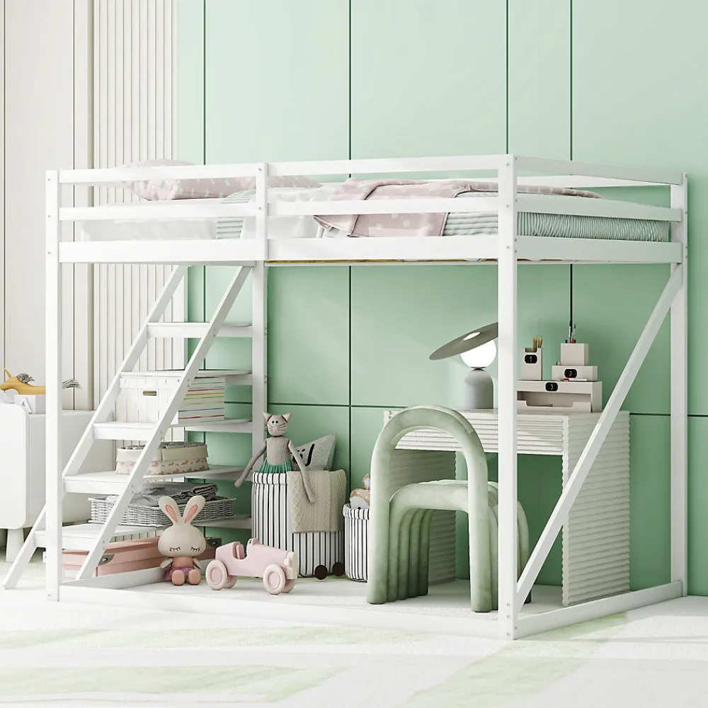 Lit Mezzanine - Lit enfant 140x200 cm avec Escalier Sécurisé, Structure Robuste MDF et Bois de Pin, Couleur Blanc>Okwish Outlet