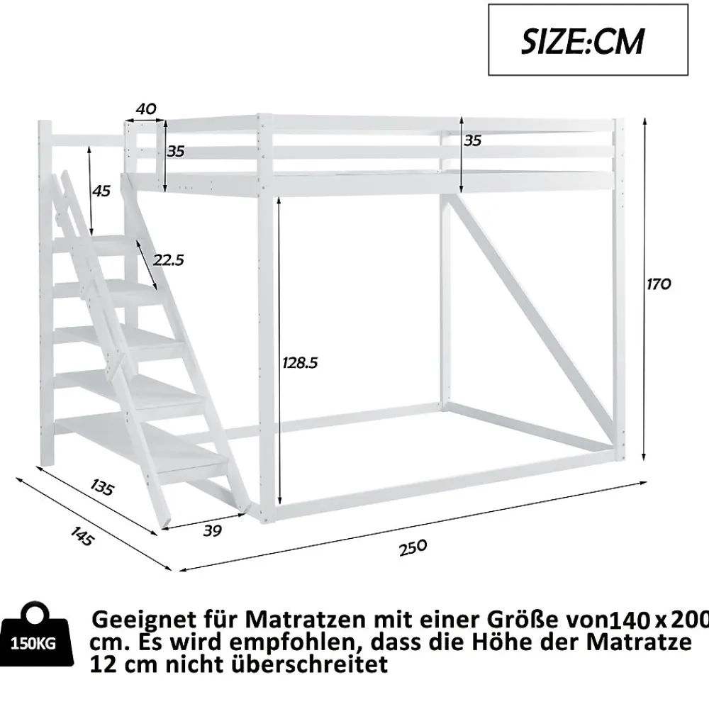Lit Mezzanine - Lit enfant 140x200 cm avec Escalier Sécurisé, Structure Robuste MDF et Bois de Pin, Couleur Blanc>Okwish Outlet