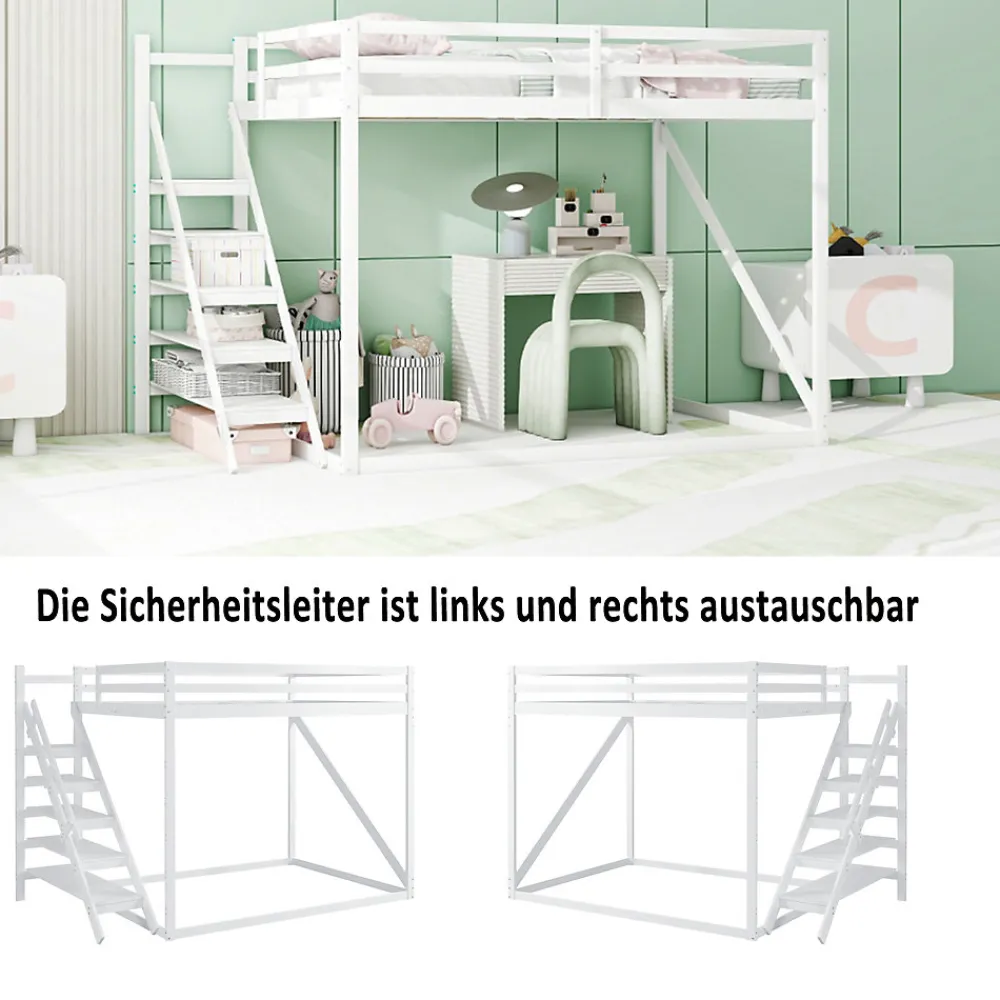 Lit Mezzanine - Lit enfant 140x200 cm avec Escalier Sécurisé, Structure Robuste MDF et Bois de Pin, Couleur Blanc>Okwish Outlet
