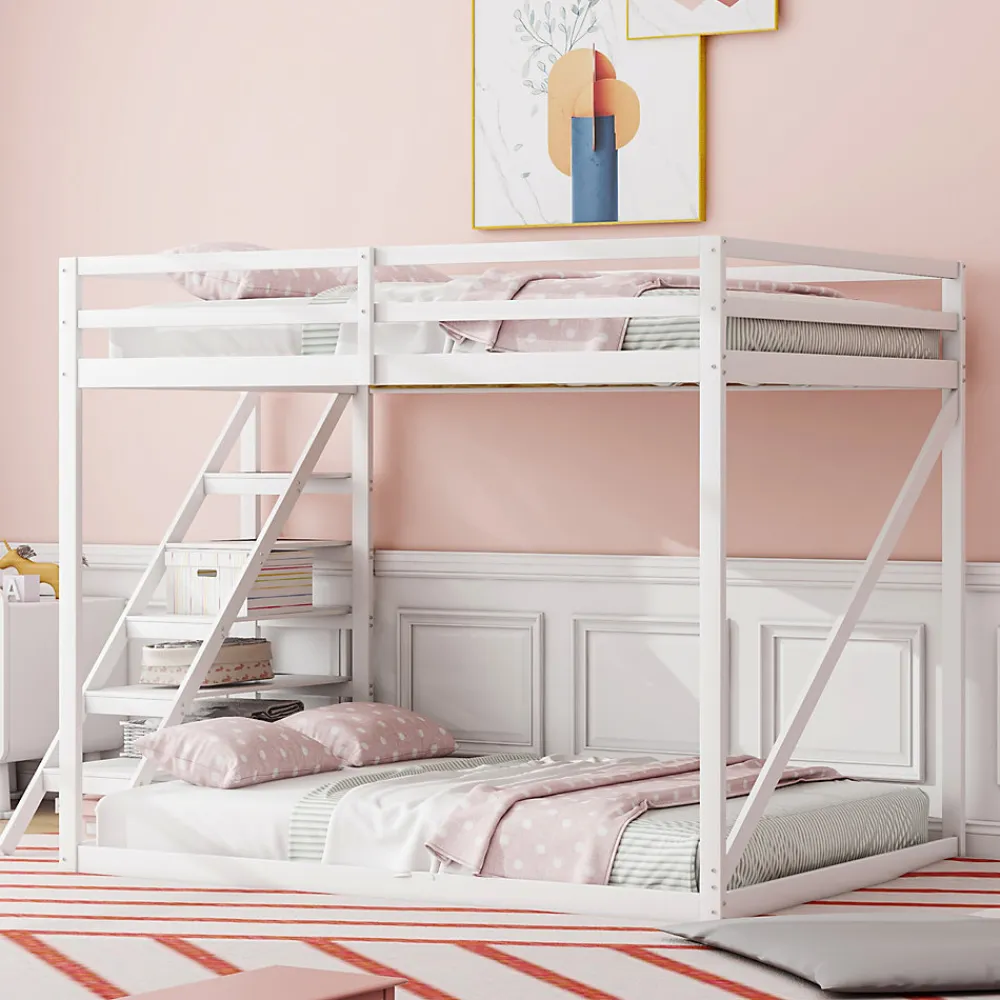 Lit Mezzanine - Lit enfant 140x200 cm avec Escalier Sécurisé, Structure Robuste MDF et Bois de Pin, Couleur Blanc>Okwish Outlet