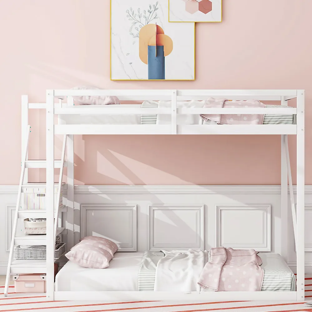 Lit Mezzanine - Lit enfant 140x200 cm avec Escalier Sécurisé, Structure Robuste MDF et Bois de Pin, Couleur Blanc>Okwish Outlet