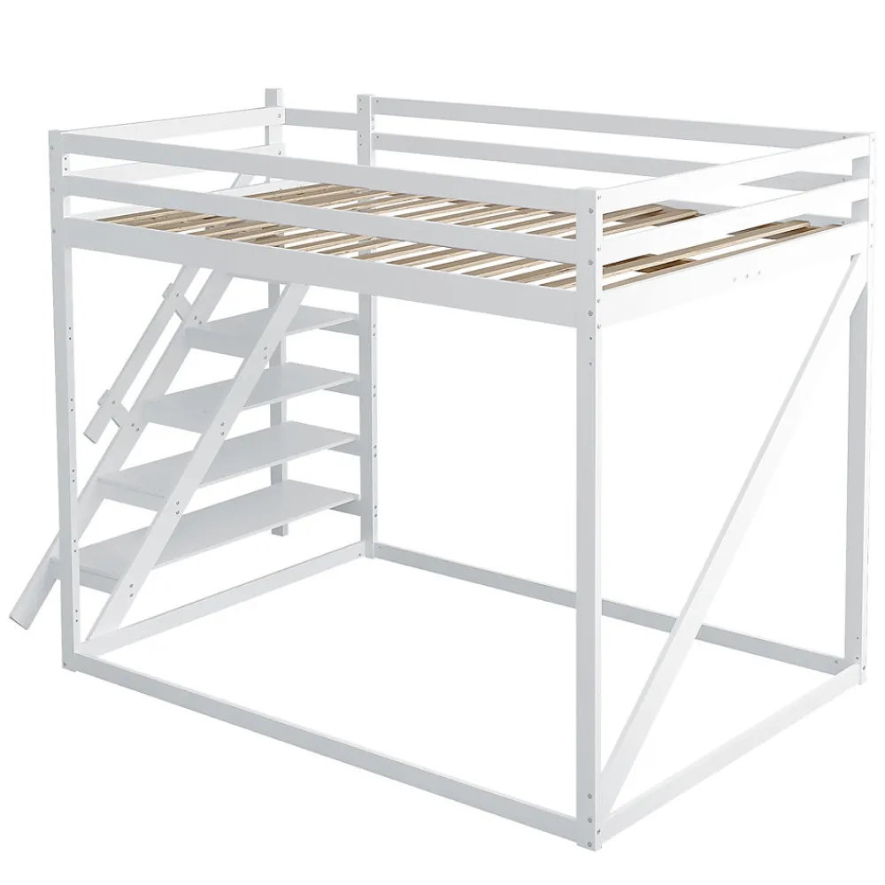 Lit Mezzanine - Lit enfant 140x200 cm avec Escalier Sécurisé, Structure Robuste MDF et Bois de Pin, Couleur Blanc>Okwish Outlet