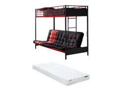 Lit mezzanine 90 x 190 cm - Avec banquette convertible - Métal - Noir et Rouge + Futon + Matelas - MODULO V>Vente-unique Sale