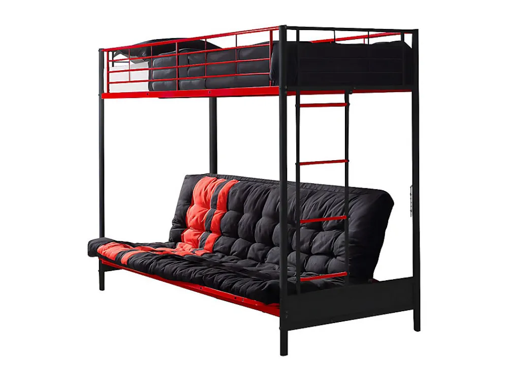 Lit mezzanine 90 x 190 cm - Avec banquette convertible - Métal - Noir et Rouge + Futon + Matelas - MODULO V>Vente-unique Sale