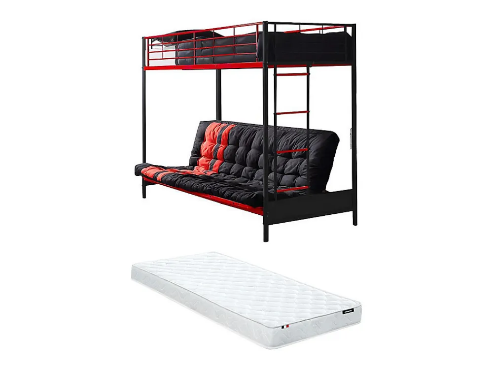Lit mezzanine 90 x 190 cm - Avec banquette convertible - Métal - Noir et Rouge + Futon + Matelas - MODULO V>Vente-unique Sale