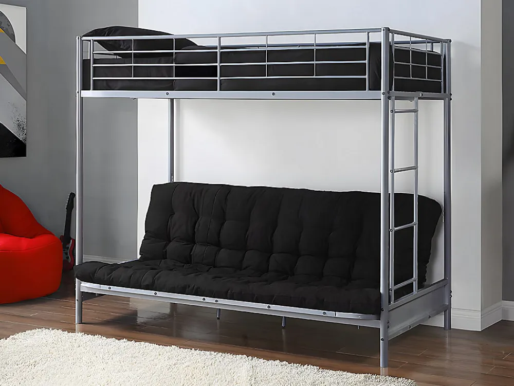 Lit mezzanine 90 x 190 cm - Avec banquette convertible - Métal - Argent + Futon noir - MODULO V>Vente-unique Outlet