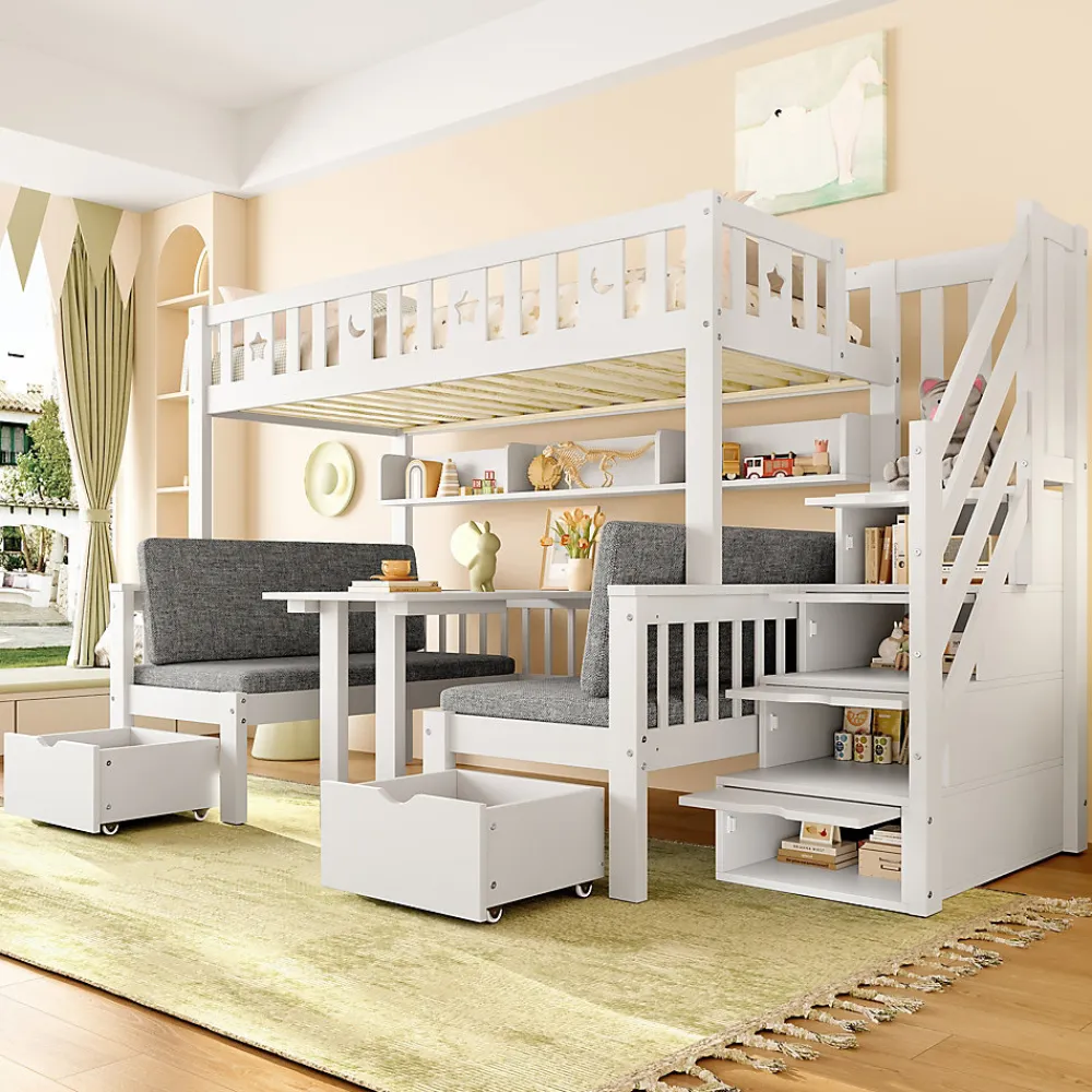 Lit Mezzanine 90 x 200 cm - avec Bureau et Lit Supplémentaire 2-en-1, Échelle de Rangement - Pin et MDF - Sans Matelas - Blanc>Okwish Online