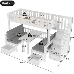 Lit Mezzanine 90 x 200 cm - avec Bureau et Lit Supplémentaire 2-en-1, Échelle de Rangement - Pin et MDF - Sans Matelas - Blanc><noscript><img width=