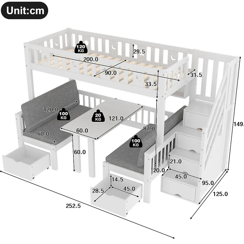 Lit Mezzanine 90 x 200 cm - avec Bureau et Lit Supplémentaire 2-en-1, Échelle de Rangement - Pin et MDF - Sans Matelas - Blanc>Okwish Online