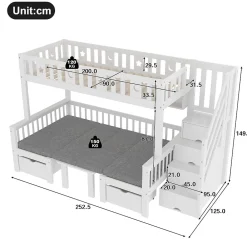 Lit Mezzanine 90 x 200 cm - avec Bureau et Lit Supplémentaire 2-en-1, Échelle de Rangement - Pin et MDF - Sans Matelas - Blanc><noscript><img width=
