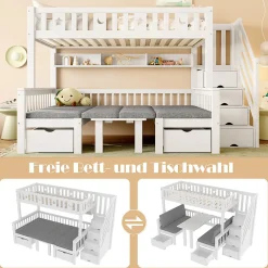 Lit Mezzanine 90 x 200 cm - avec Bureau et Lit Supplémentaire 2-en-1, Échelle de Rangement - Pin et MDF - Sans Matelas - Blanc><noscript><img width=