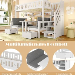 Lit Mezzanine 90 x 200 cm - avec Bureau et Lit Supplémentaire 2-en-1, Échelle de Rangement - Pin et MDF - Sans Matelas - Blanc><noscript><img width=