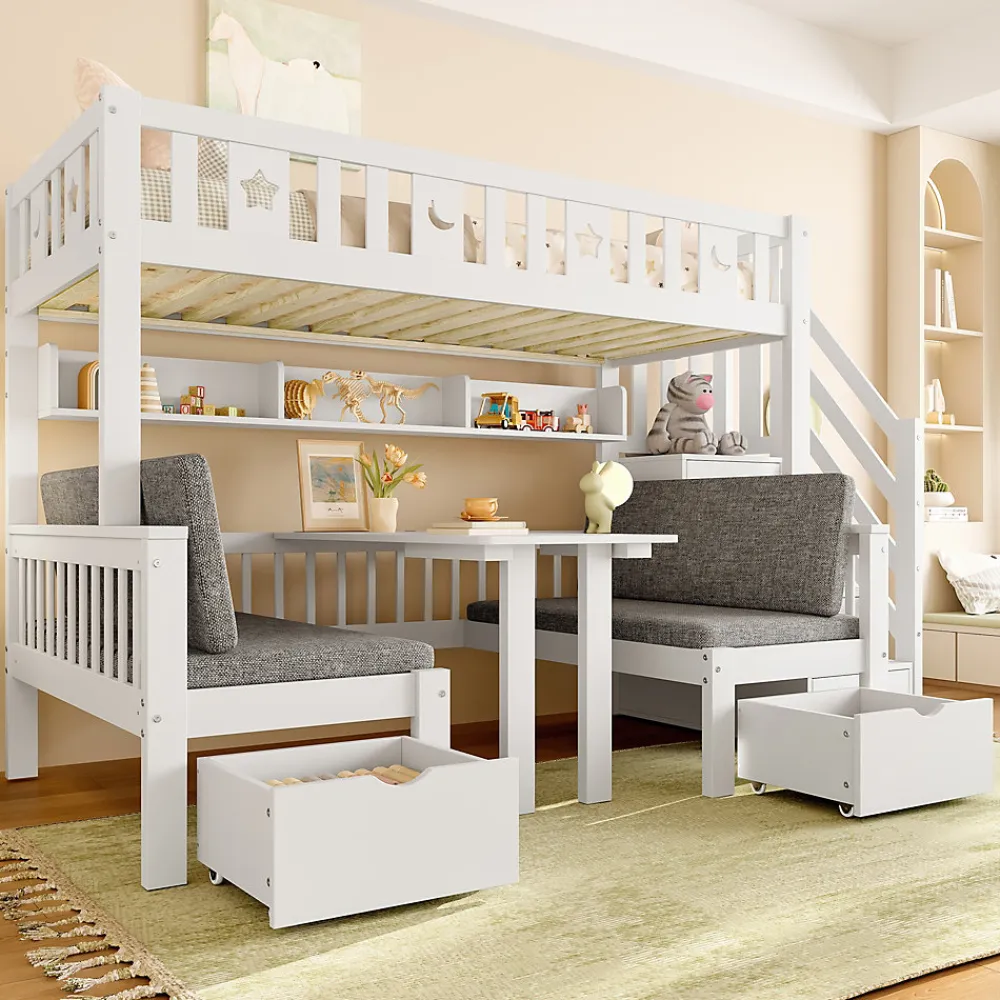 Lit Mezzanine 90 x 200 cm - avec Bureau et Lit Supplémentaire 2-en-1, Échelle de Rangement - Pin et MDF - Sans Matelas - Blanc>Okwish Online
