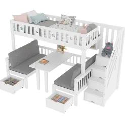 Lit Mezzanine 90 x 200 cm - avec Bureau et Lit Supplémentaire 2-en-1, Échelle de Rangement - Pin et MDF - Sans Matelas - Blanc><noscript><img width=