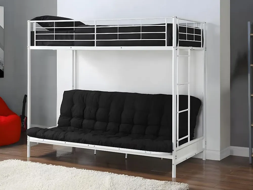 Vente-unique Lit mezzanine 90 x 190 cm - Avec banquette convertible - Métal - Blanc + Futon noir - MODULO V* Lit Mezzanine