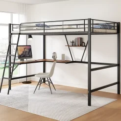 Okwish Lit Mezzanine 90 x 200 cm - Lit Simple avec Bureau en L et Étagère - Métal + MDF - Sans Matelas - Noir* Lit Mezzanine
