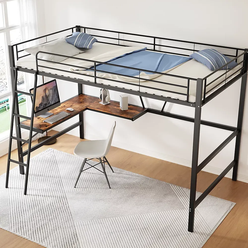 Okwish Lit Mezzanine 90 x 200 cm - Lit Simple avec Bureau en L et Étagère - Métal + MDF - Sans Matelas - Noir* Lit Mezzanine