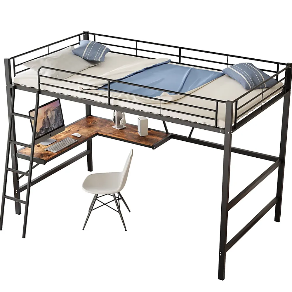 Okwish Lit Mezzanine 90 x 200 cm - Lit Simple avec Bureau en L et Étagère - Métal + MDF - Sans Matelas - Noir* Lit Mezzanine