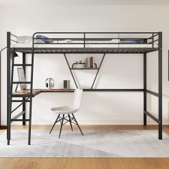Okwish Lit Mezzanine 90 x 200 cm - Lit Simple avec Bureau en L et Étagère - Métal + MDF - Sans Matelas - Noir* Lit Mezzanine