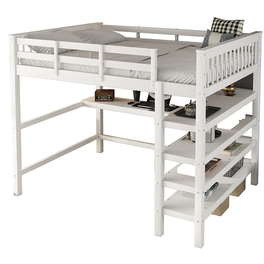 Okwish Lit Mezzanine 140 x 200 cm - Lit enfant avec Bureau et Rangements - Pin + MDF - Sans Matelas - Blanc* Lit Mezzanine