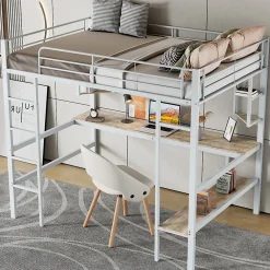 Lit Mezzanine 90 x 200 cm - Lit avec Bureau et Étagères - Métal + MDF - Sans Matelas - Blanc>Okwish Best