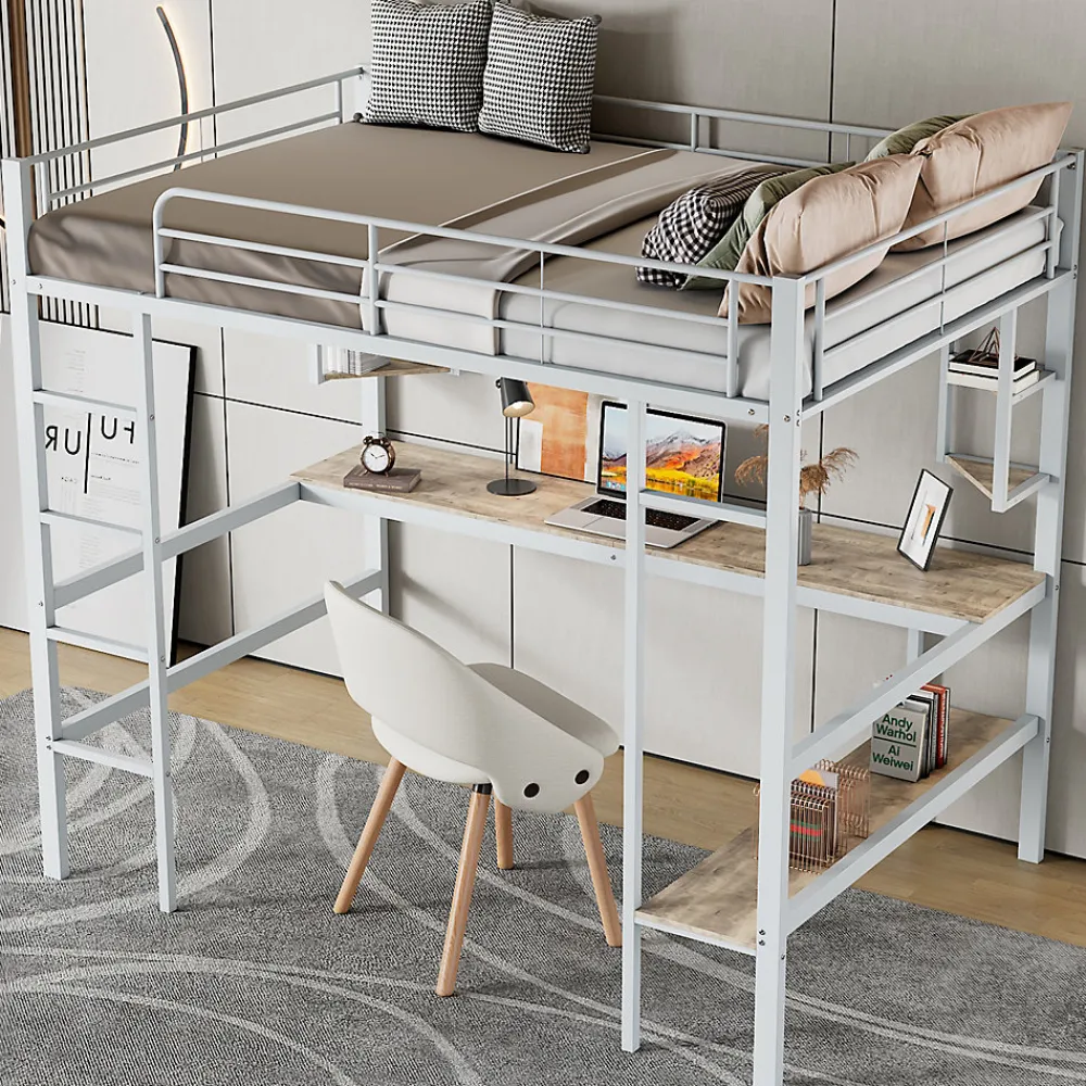 Lit Mezzanine 90 x 200 cm - Lit avec Bureau et Étagères - Métal + MDF - Sans Matelas - Blanc>Okwish Best