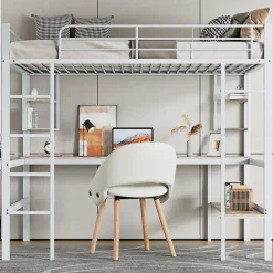 Lit Mezzanine 90 x 200 cm - Lit avec Bureau et Étagères - Métal + MDF - Sans Matelas - Blanc><noscript><img width=