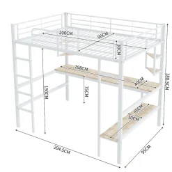 Lit Mezzanine 90 x 200 cm - Lit avec Bureau et Étagères - Métal + MDF - Sans Matelas - Blanc><noscript><img width=