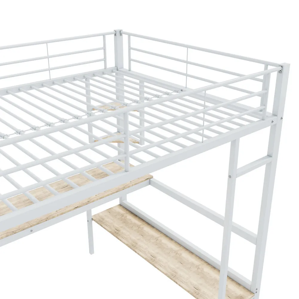 Lit Mezzanine 90 x 200 cm - Lit avec Bureau et Étagères - Métal + MDF - Sans Matelas - Blanc>Okwish Best