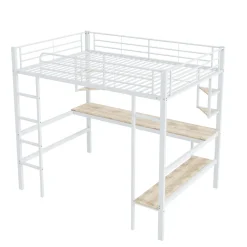 Lit Mezzanine 90 x 200 cm - Lit avec Bureau et Étagères - Métal + MDF - Sans Matelas - Blanc><noscript><img width=