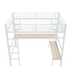 Lit Mezzanine 90 x 200 cm - Lit avec Bureau et Étagères - Métal + MDF - Sans Matelas - Blanc><noscript><img width=