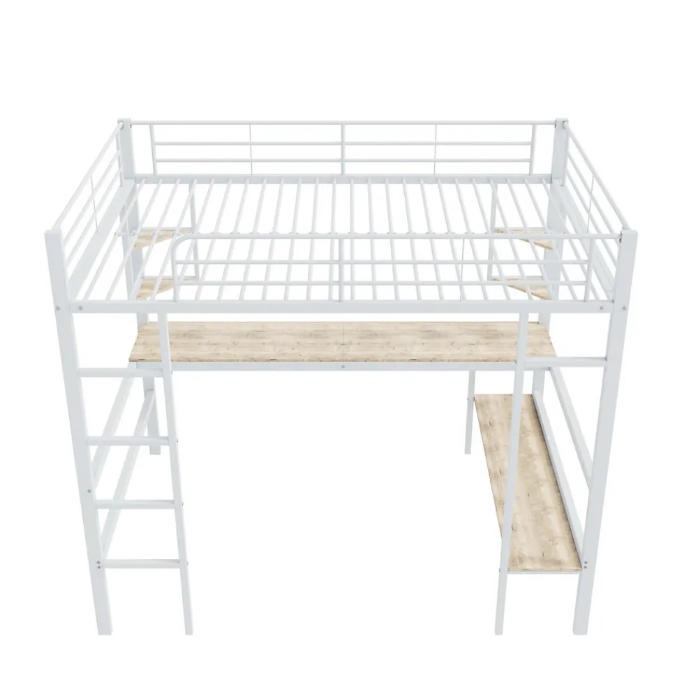 Lit Mezzanine 90 x 200 cm - Lit avec Bureau et Étagères - Métal + MDF - Sans Matelas - Blanc>Okwish Best