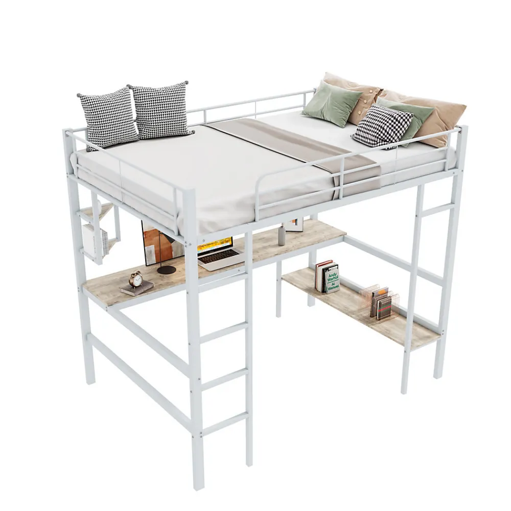 Lit Mezzanine 90 x 200 cm - Lit avec Bureau et Étagères - Métal + MDF - Sans Matelas - Blanc>Okwish Best